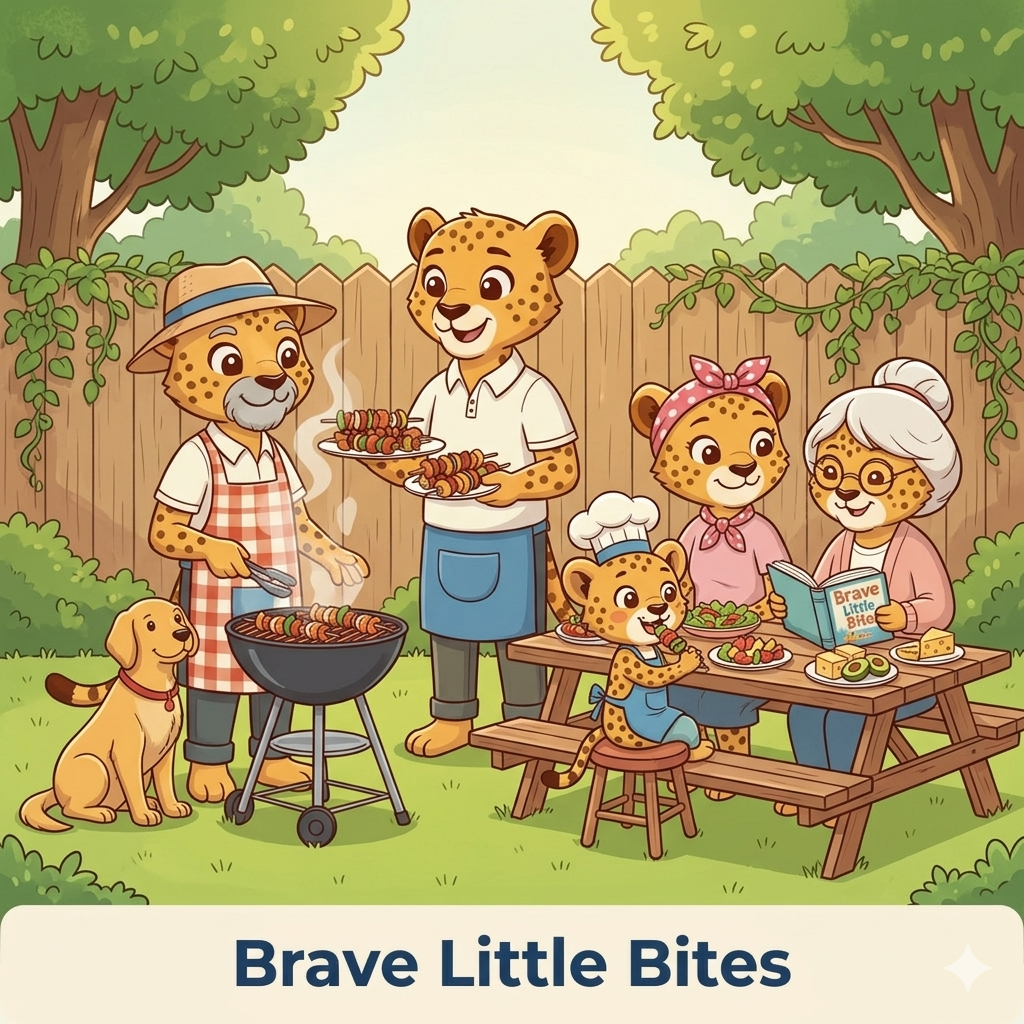 The Brave Little Bites family — Dash the cheetah chef cooking out with his parents and grandma at a backyard BBQ