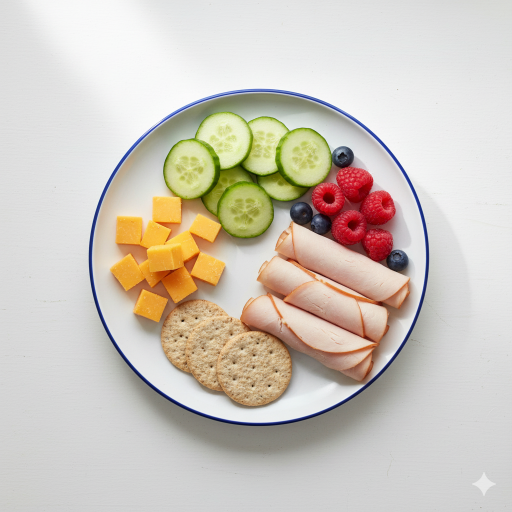 Family meal-prep snack plate with turkey, cheese, cucumber, berries